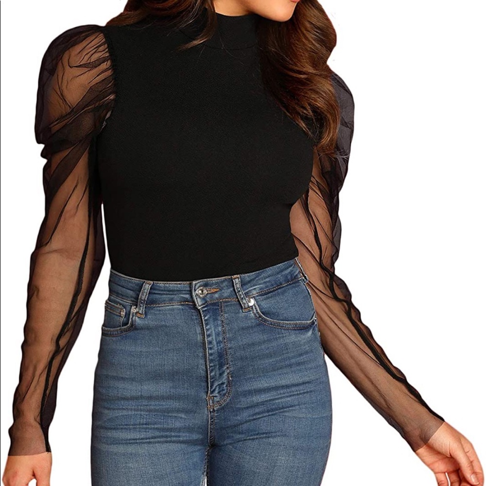 Mesh Puff Sleeve High Neck Slim Fit Party Blouse Top